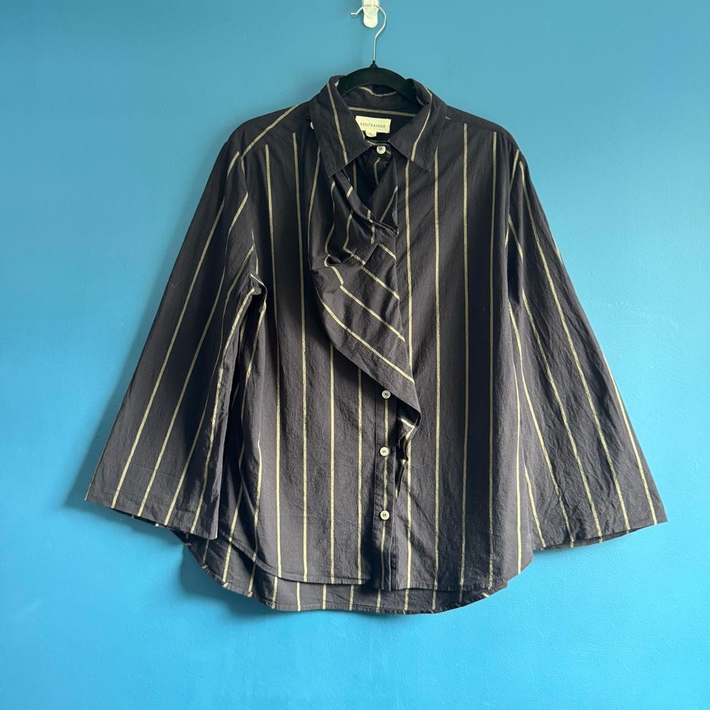 Rentrayage Stripe Blouse Women's Size 8 Striped Black Tan Ruffle Cowl Button